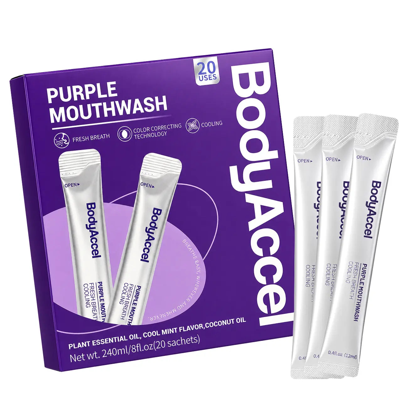 【Bodyaccel】Purple Whitening Mouthwash, Freshens Breath, Supports Gum Health – Alcohol Free, Peroxide Free, Color Correcting Mouthwash Sachets, Mint Flavor (20 Count)
