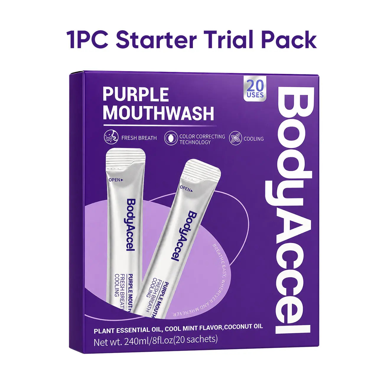 【Bodyaccel】Purple Whitening Mouthwash, Freshens Breath, Supports Gum Health – Alcohol Free, Peroxide Free, Color Correcting Mouthwash Sachets, Mint Flavor (20 Count)