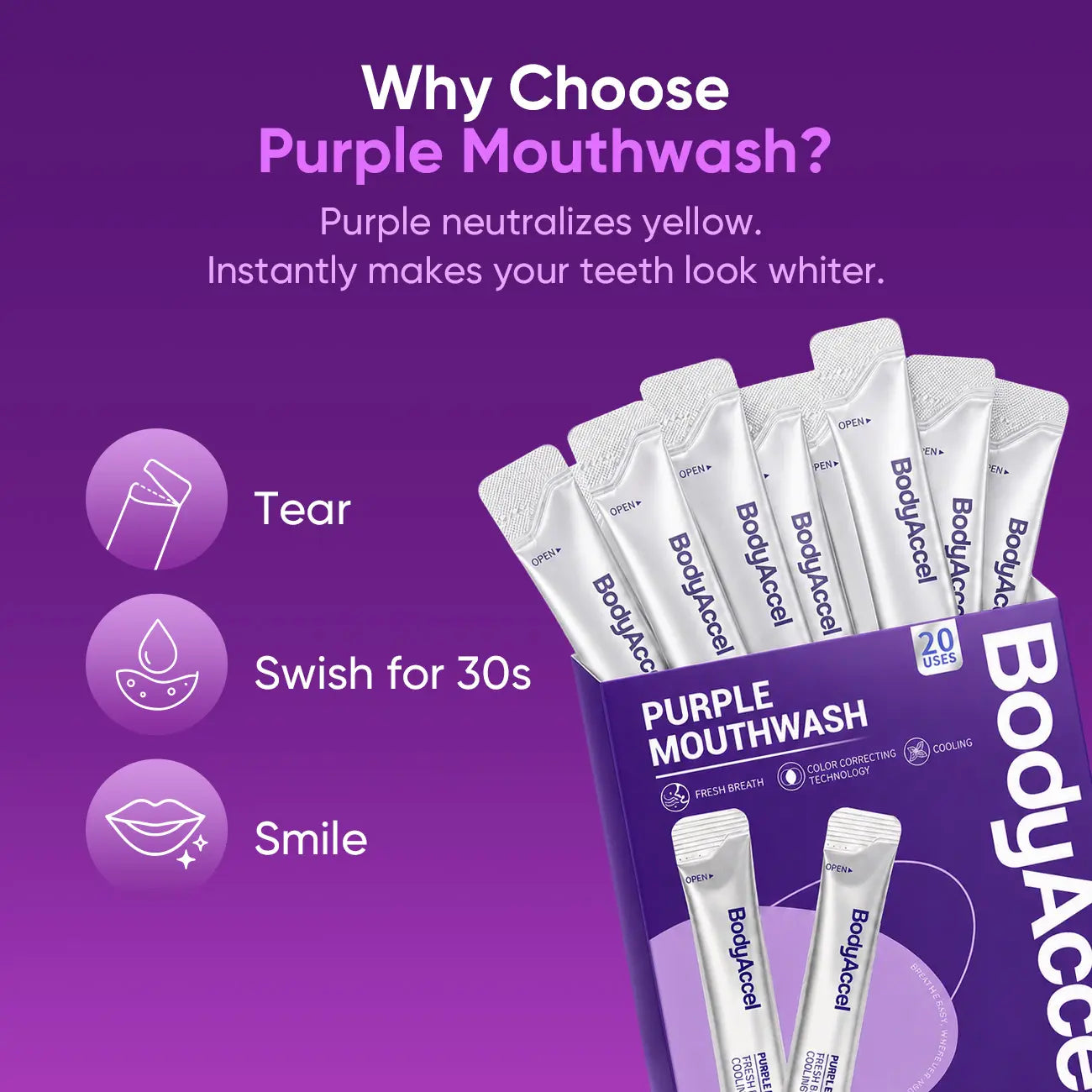 【Bodyaccel】Purple Whitening Mouthwash, Freshens Breath, Supports Gum Health – Alcohol Free, Peroxide Free, Color Correcting Mouthwash Sachets, Mint Flavor (20 Count)