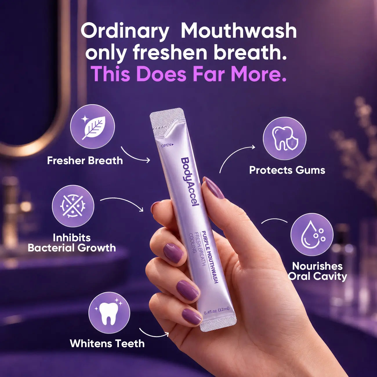 【Bodyaccel】Purple Whitening Mouthwash, Freshens Breath, Supports Gum Health – Alcohol Free, Peroxide Free, Color Correcting Mouthwash Sachets, Mint Flavor (20 Count)