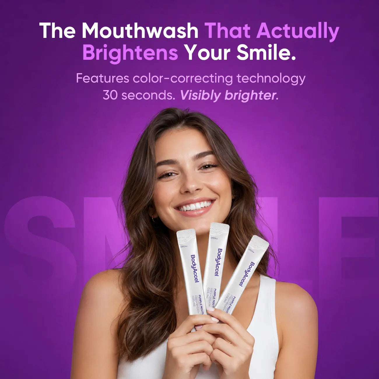 【Bodyaccel】Purple Whitening Mouthwash, Freshens Breath, Supports Gum Health – Alcohol Free, Peroxide Free, Color Correcting Mouthwash Sachets, Mint Flavor (20 Count)