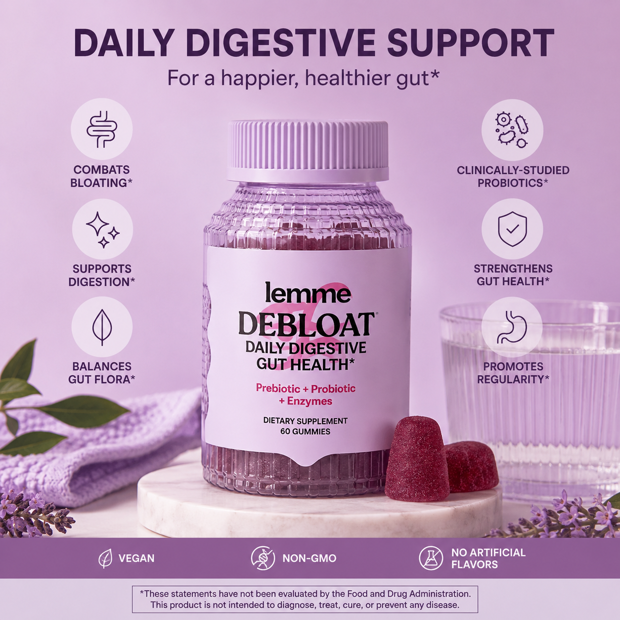 Lemme Debloat 3-In-1 Prebiotic, Probiotic & Digestive Enzyme Capsules for Bloating - Clinically Studied Probiotics W/5 Digestive Enzymes to Improve Digestion, Women & Men, (60 Count)